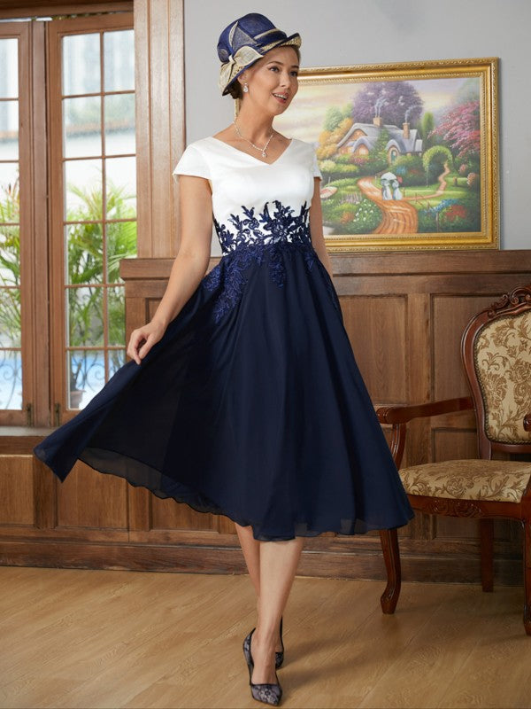 A-Line V-Neck Chiffon Short Sleeve Applique Mini Dress - Chloe Dress
