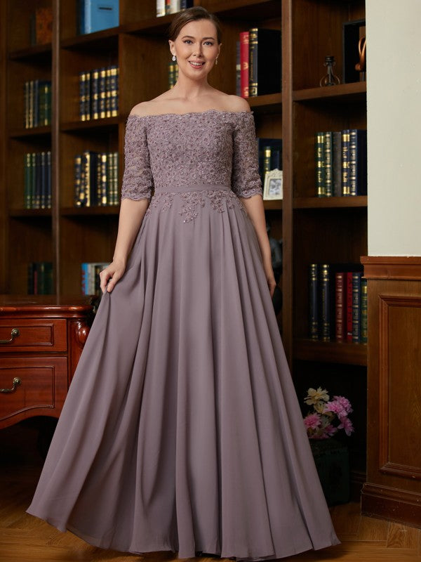 A-Line Chiffon Three-Quarter Sleeve Applique Floor-Length Dress - Chloe Dress