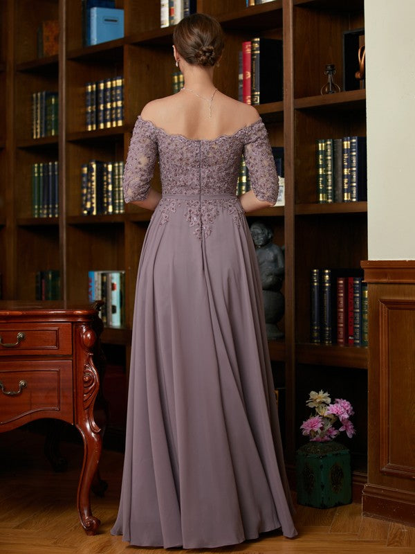 A-Line Chiffon Three-Quarter Sleeve Applique Floor-Length Dress - Chloe Dress