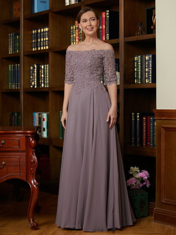 A-Line Chiffon Three-Quarter Sleeve Applique Floor-Length Dress - Chloe Dress