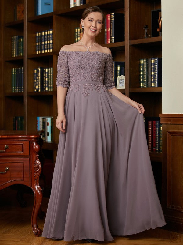 A-Line Chiffon Three-Quarter Sleeve Applique Floor-Length Dress - Chloe Dress