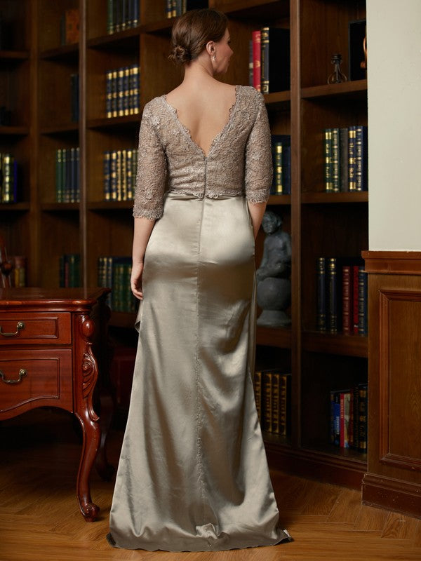 A-Line V-Neck Satin Three-Quarter Sleeve Train Dress - Chloe Dress