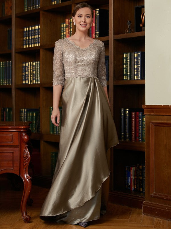 A-Line V-Neck Satin Three-Quarter Sleeve Train Dress - Chloe Dress
