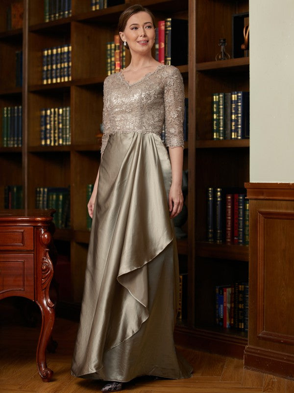 A-Line V-Neck Satin Three-Quarter Sleeve Train Dress - Chloe Dress