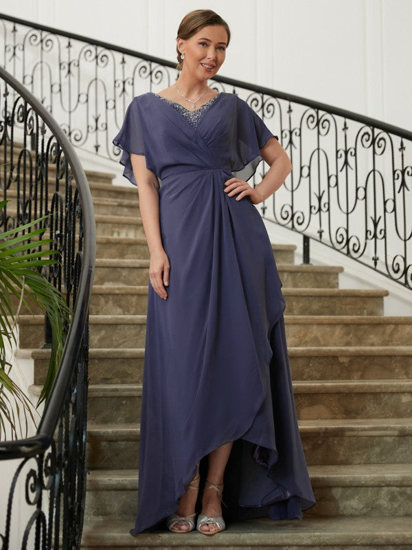 A-Line V-Neck Chiffon Short Sleeve Asymmetric Mini Dress - Chloe Dress