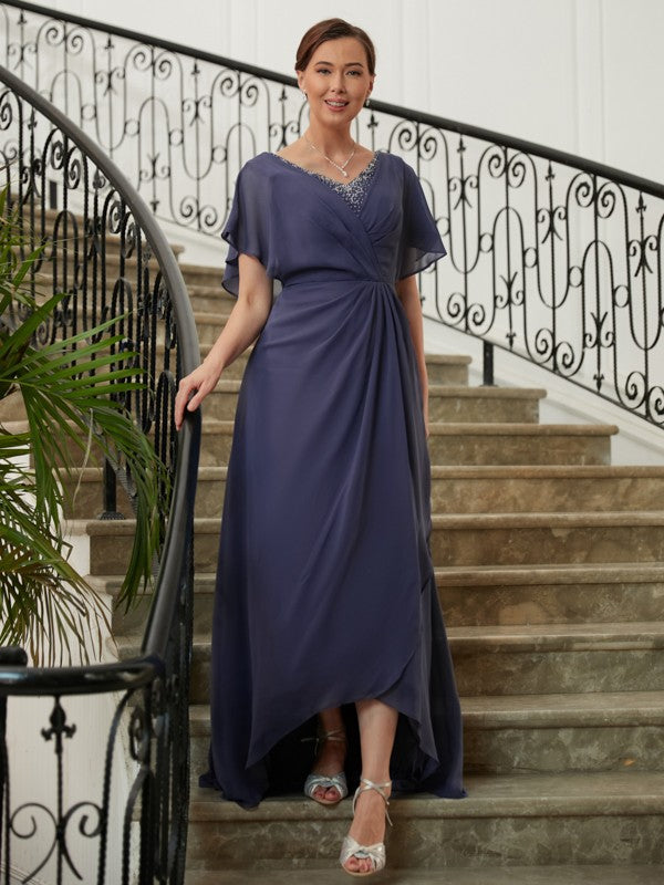 A-Line V-Neck Chiffon Short Sleeve Asymmetric Mini Dress - Chloe Dress