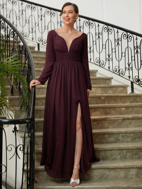 A-Line V-Neck Chiffon Long Sleeve Floor-Length Dress - Chloe Dress