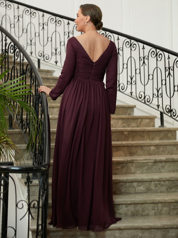 A-Line V-Neck Chiffon Long Sleeve Floor-Length Dress - Chloe Dress