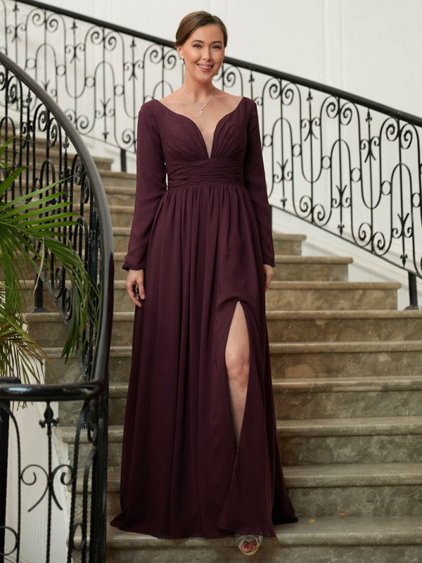 A-Line V-Neck Chiffon Long Sleeve Floor-Length Dress - Chloe Dress