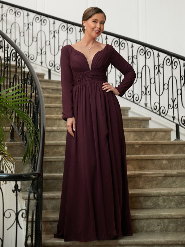 A-Line V-Neck Chiffon Long Sleeve Floor-Length Dress - Chloe Dress