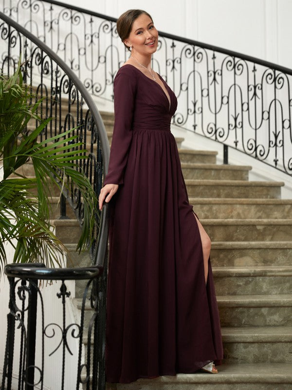 A-Line V-Neck Chiffon Long Sleeve Floor-Length Dress - Chloe Dress