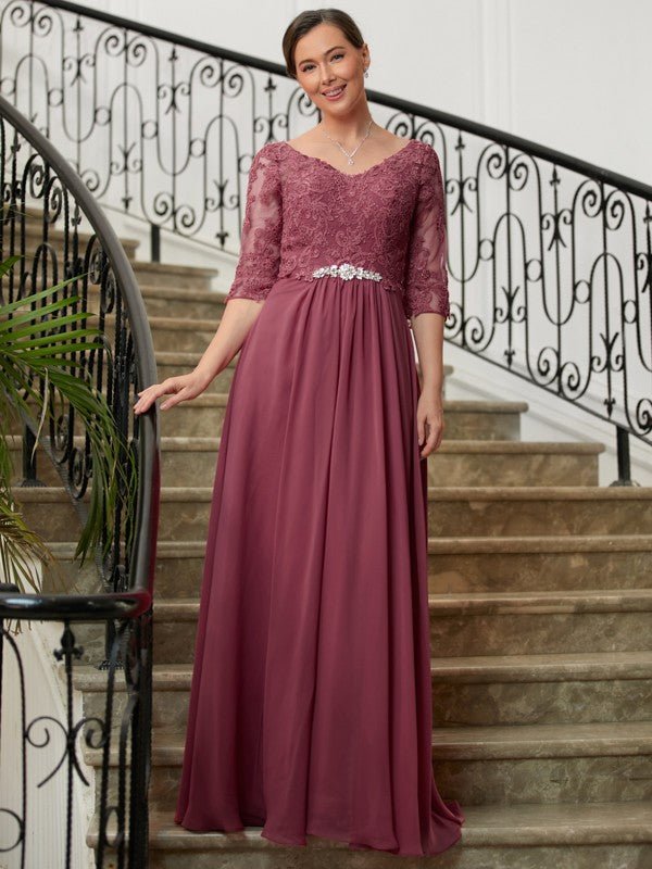A-Line V-Neck Chiffon Three-Quarter Sleeve Floor-Length Dress - Chloe Dress