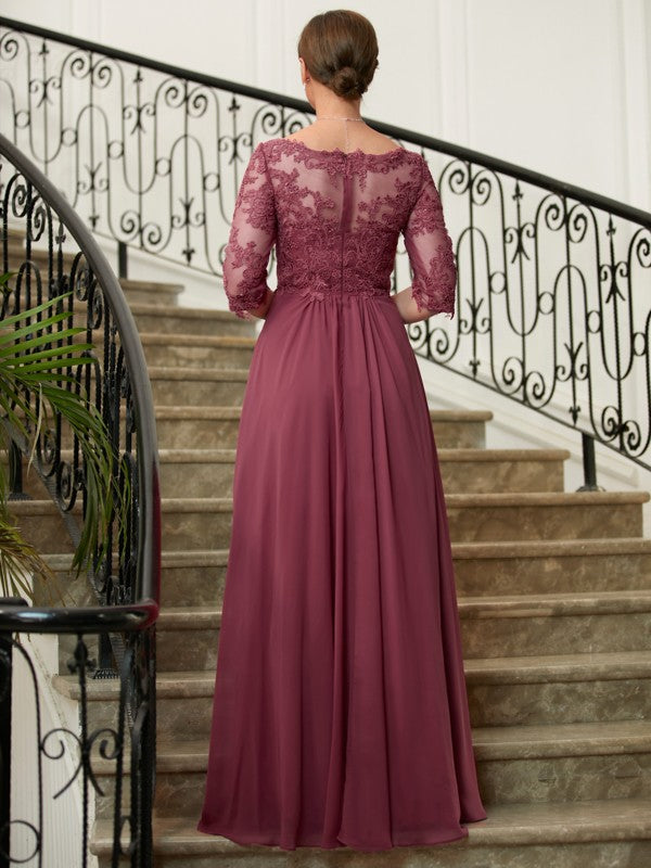 A-Line V-Neck Chiffon Three-Quarter Sleeve Floor-Length Dress - Chloe Dress