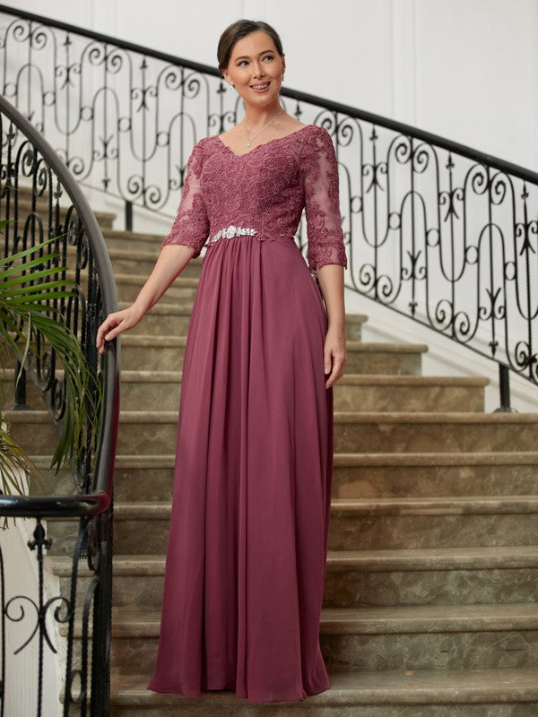 A-Line V-Neck Chiffon Three-Quarter Sleeve Floor-Length Dress - Chloe Dress