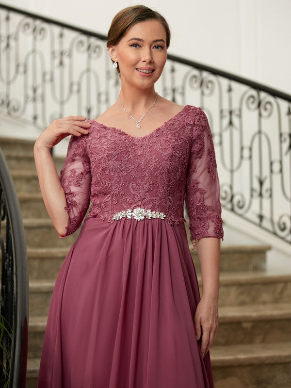 A-Line V-Neck Chiffon Three-Quarter Sleeve Floor-Length Dress - Chloe Dress