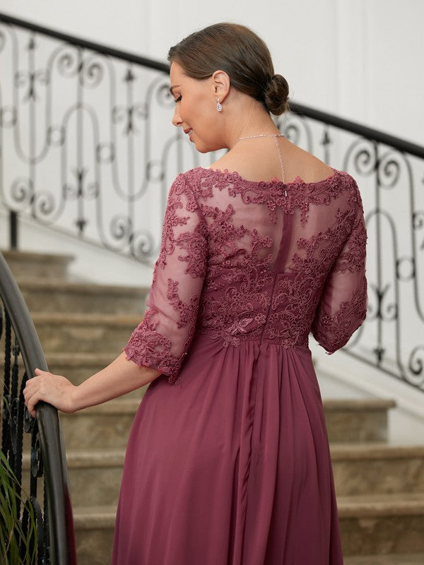 A-Line V-Neck Chiffon Three-Quarter Sleeve Floor-Length Dress - Chloe Dress