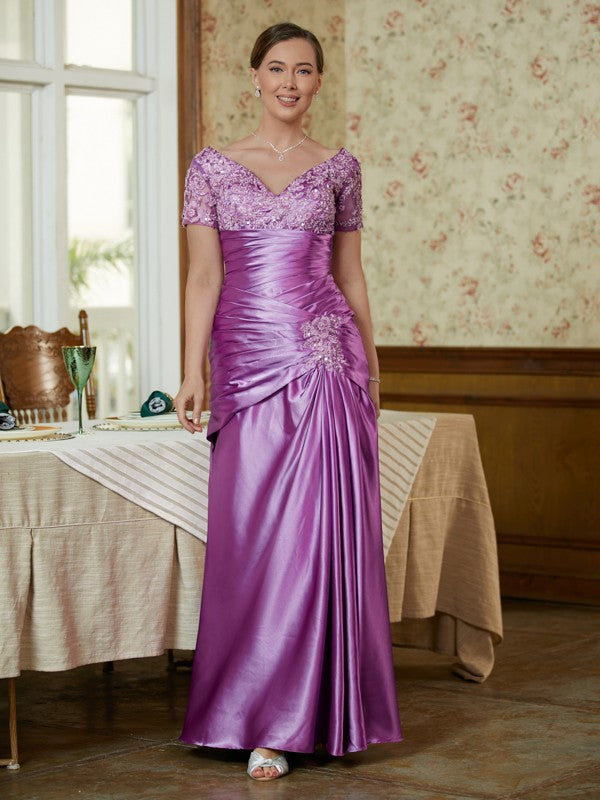 Sheath V-Neck Satin Short Sleeve Applique Floor-Length Dress - Chloe Dress