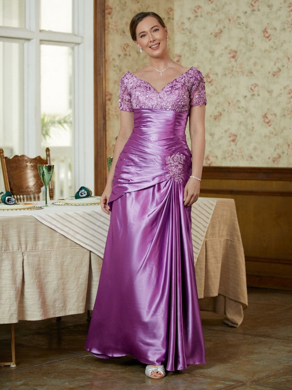 Sheath V-Neck Satin Short Sleeve Applique Floor-Length Dress - Chloe Dress
