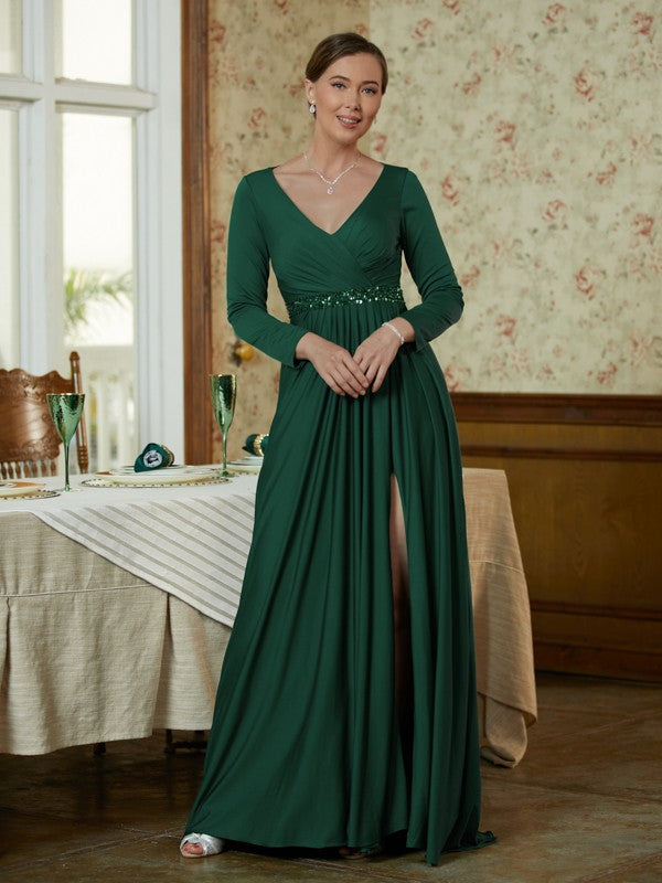 A-Line V-Neck Jersey Long Sleeve Train Dress - Chloe Dress