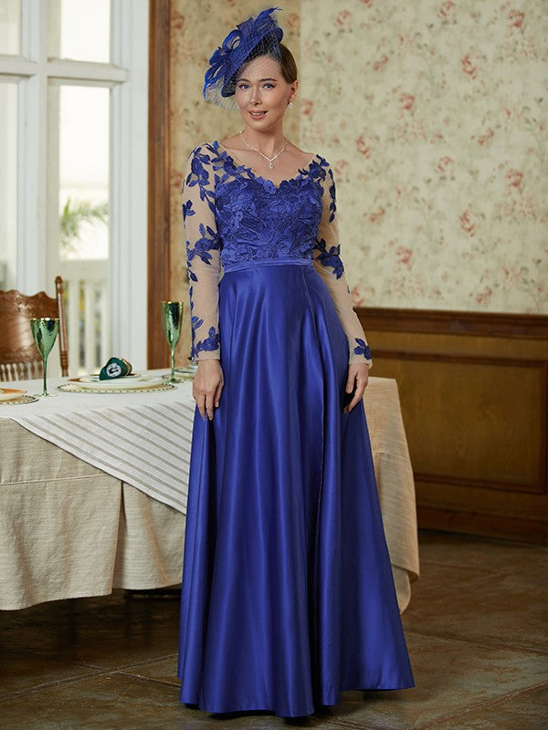 A-Line V-Neck Satin Long Sleeve Applique Floor-Length Dress - Chloe Dress
