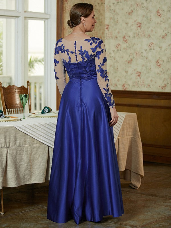 A-Line V-Neck Satin Long Sleeve Applique Floor-Length Dress - Chloe Dress