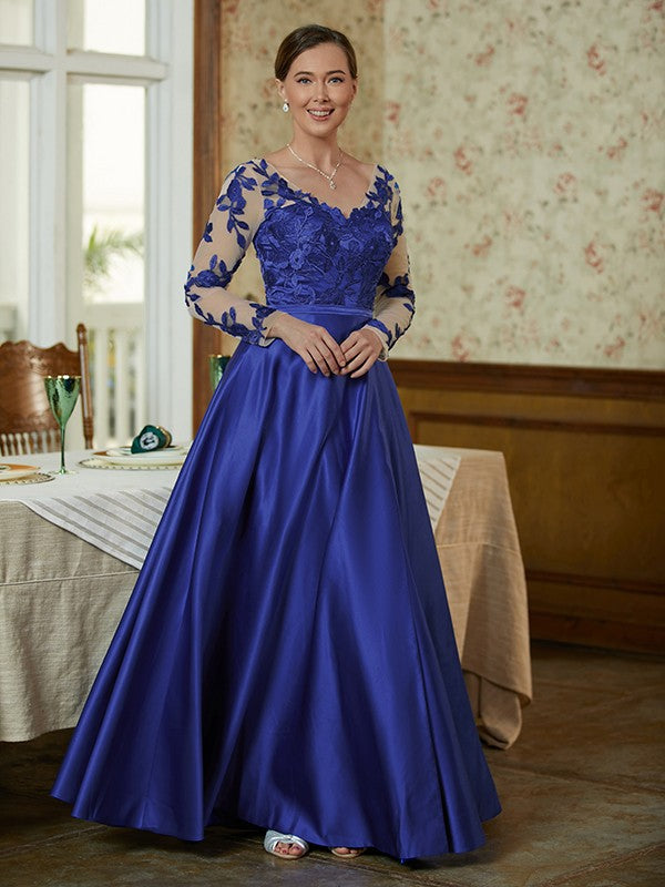 A-Line V-Neck Satin Long Sleeve Applique Floor-Length Dress - Chloe Dress