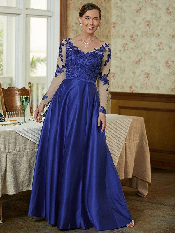 A-Line V-Neck Satin Long Sleeve Applique Floor-Length Dress - Chloe Dress