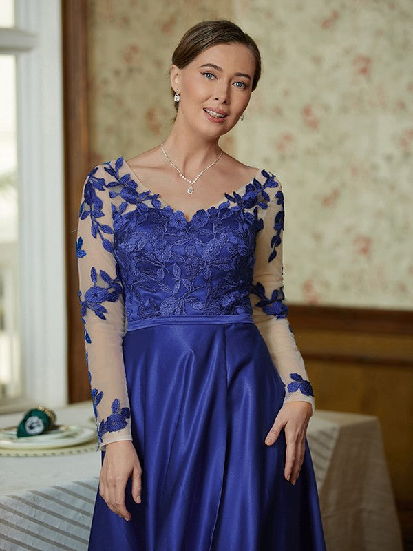 A-Line V-Neck Satin Long Sleeve Applique Floor-Length Dress - Chloe Dress