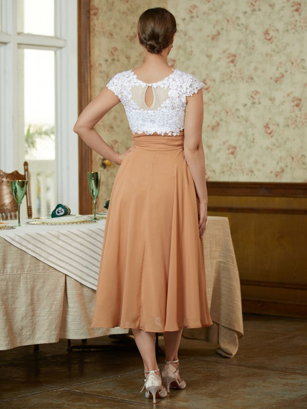 A-Line V-Neck Chiffon Sleeveless Tea-Length Dress - Chloe Dress