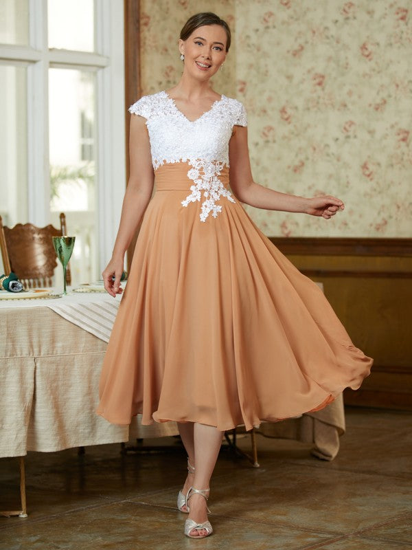 A-Line V-Neck Chiffon Sleeveless Tea-Length Dress - Chloe Dress