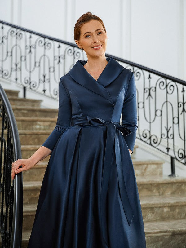 A-Line V-Neck Satin Long Sleeve Asymmetric Dress - Chloe Dress