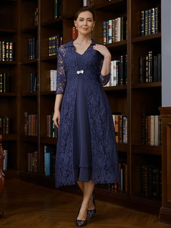 A-Line V-Neck Chiffon Sleeveless Tea-Length Dress - Chloe Dress