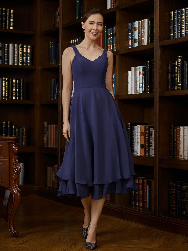A-Line V-Neck Chiffon Sleeveless Tea-Length Dress - Chloe Dress