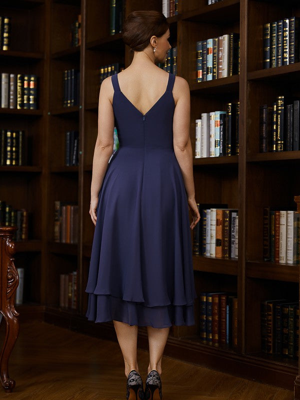 A-Line V-Neck Chiffon Sleeveless Tea-Length Dress - Chloe Dress