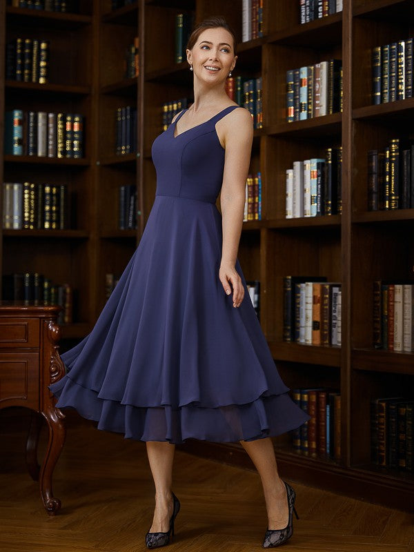 A-Line V-Neck Chiffon Sleeveless Tea-Length Dress - Chloe Dress