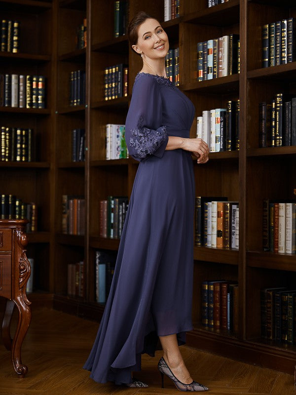 A-Line Chiffon Three-Quarter Sleeve Asymmetric Tea-Length Dress - Chloe Dress
