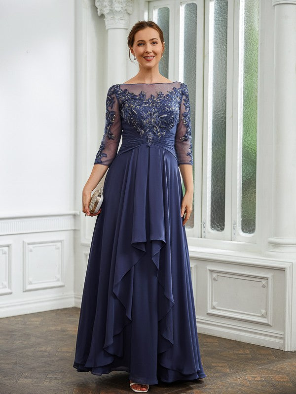 A-Line Chiffon Three-Quarter Sleeve Applique Floor-Length Dress - Chloe Dress