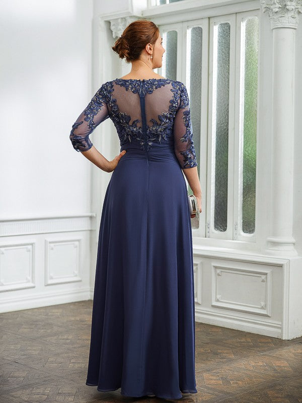 A-Line Chiffon Three-Quarter Sleeve Applique Floor-Length Dress - Chloe Dress
