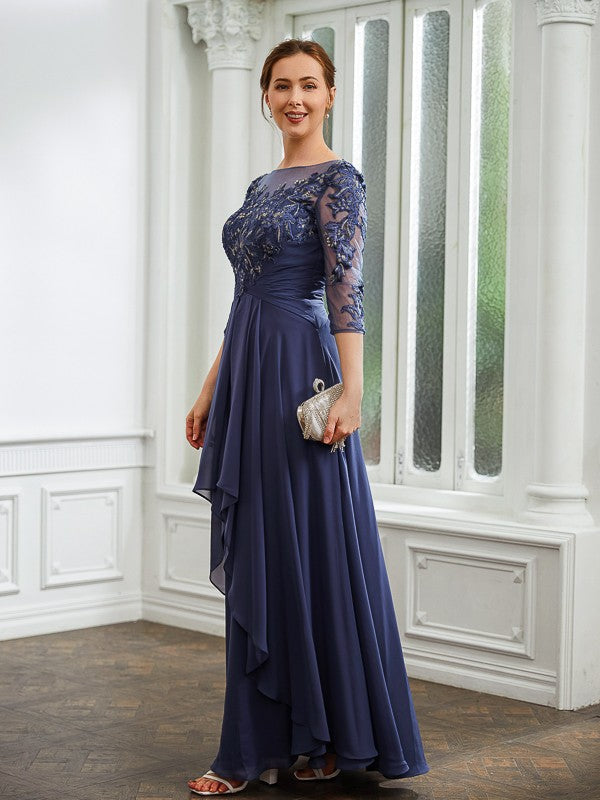 A-Line Chiffon Three-Quarter Sleeve Applique Floor-Length Dress - Chloe Dress