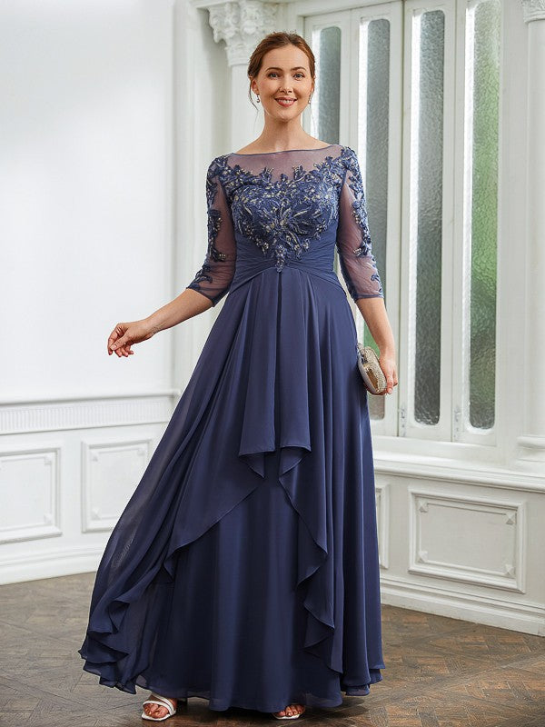 A-Line Chiffon Three-Quarter Sleeve Applique Floor-Length Dress - Chloe Dress