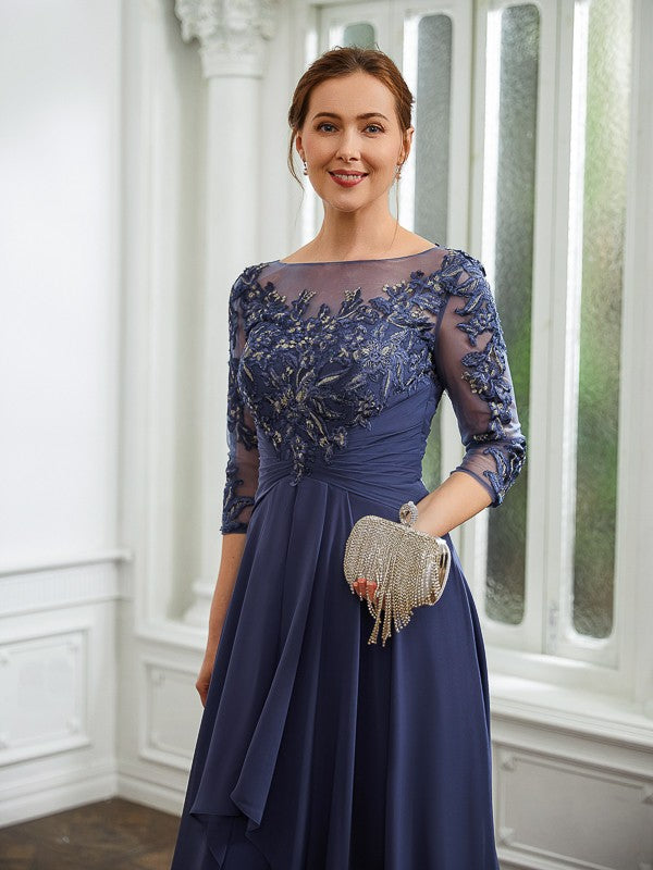 A-Line Chiffon Three-Quarter Sleeve Applique Floor-Length Dress - Chloe Dress