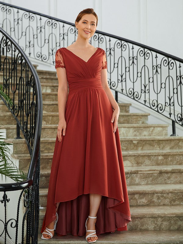 A-Line V-Neck Chiffon Short Sleeve Asymmetric Mini Dress - Chloe Dress