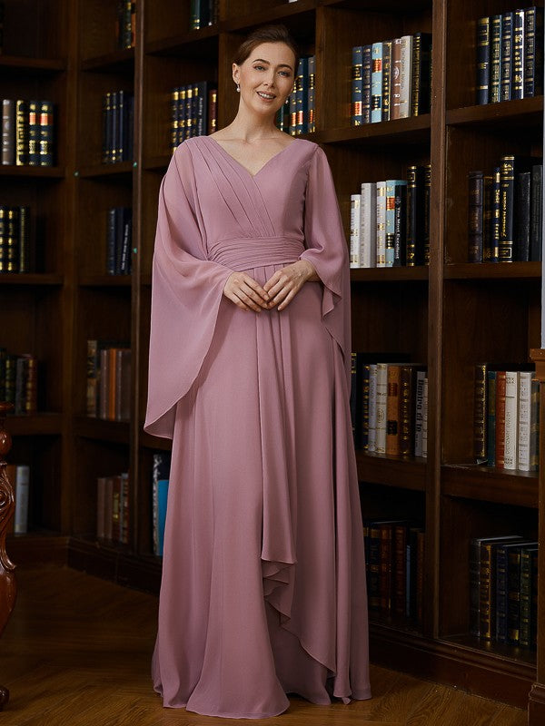 A-Line V-Neck Chiffon Three-Quarter Sleeve Floor-Length Dress - Chloe Dress