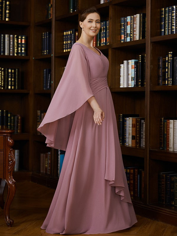 A-Line V-Neck Chiffon Three-Quarter Sleeve Floor-Length Dress - Chloe Dress