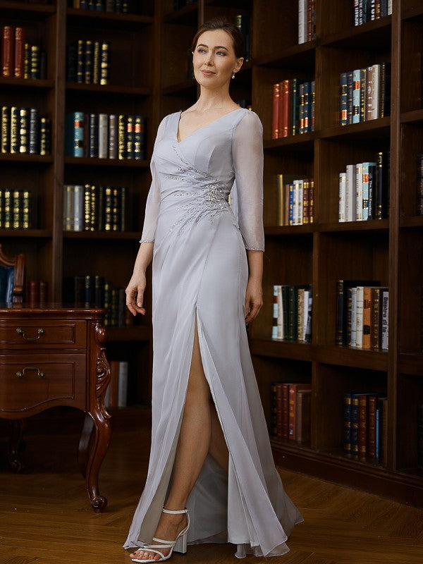 Sheath V-Neck Chiffon Three-Quarter Sleeve Floor-Length Dress - Chloe Dress