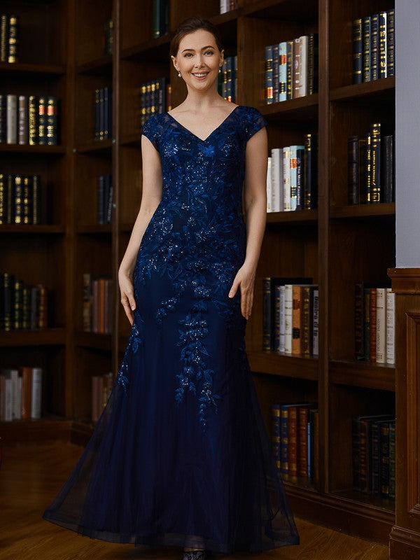 Sheath V-Neck Tulle Short Sleeve Applique Floor-Length Dress - Chloe Dress