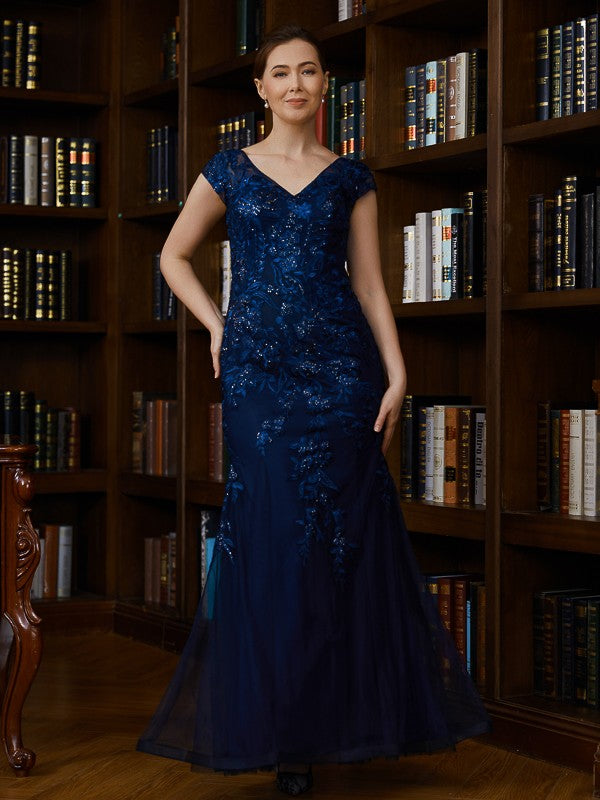 Sheath V-Neck Tulle Short Sleeve Applique Floor-Length Dress - Chloe Dress