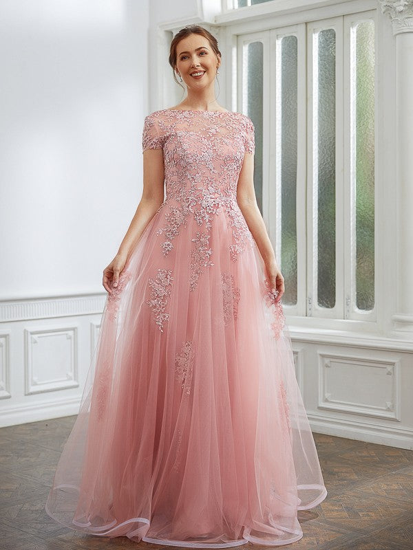 A-Line Tulle Short Sleeve Applique Floor-Length Dress - Chloe Dress