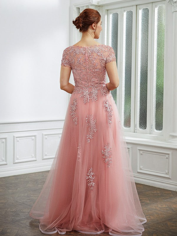 A-Line Tulle Short Sleeve Applique Floor-Length Dress - Chloe Dress