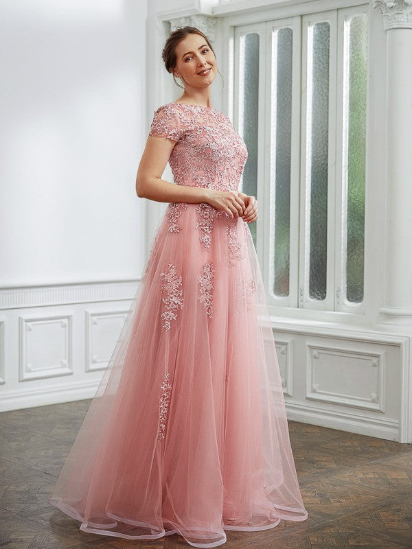A-Line Tulle Short Sleeve Applique Floor-Length Dress - Chloe Dress